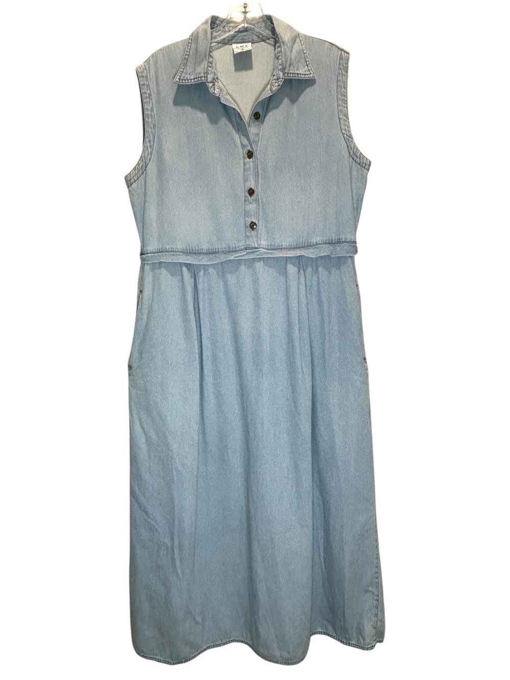 VTG CMC Blue Denim Sleeveless Button-up Maxi Dress, Pockets, Made in USA - Small